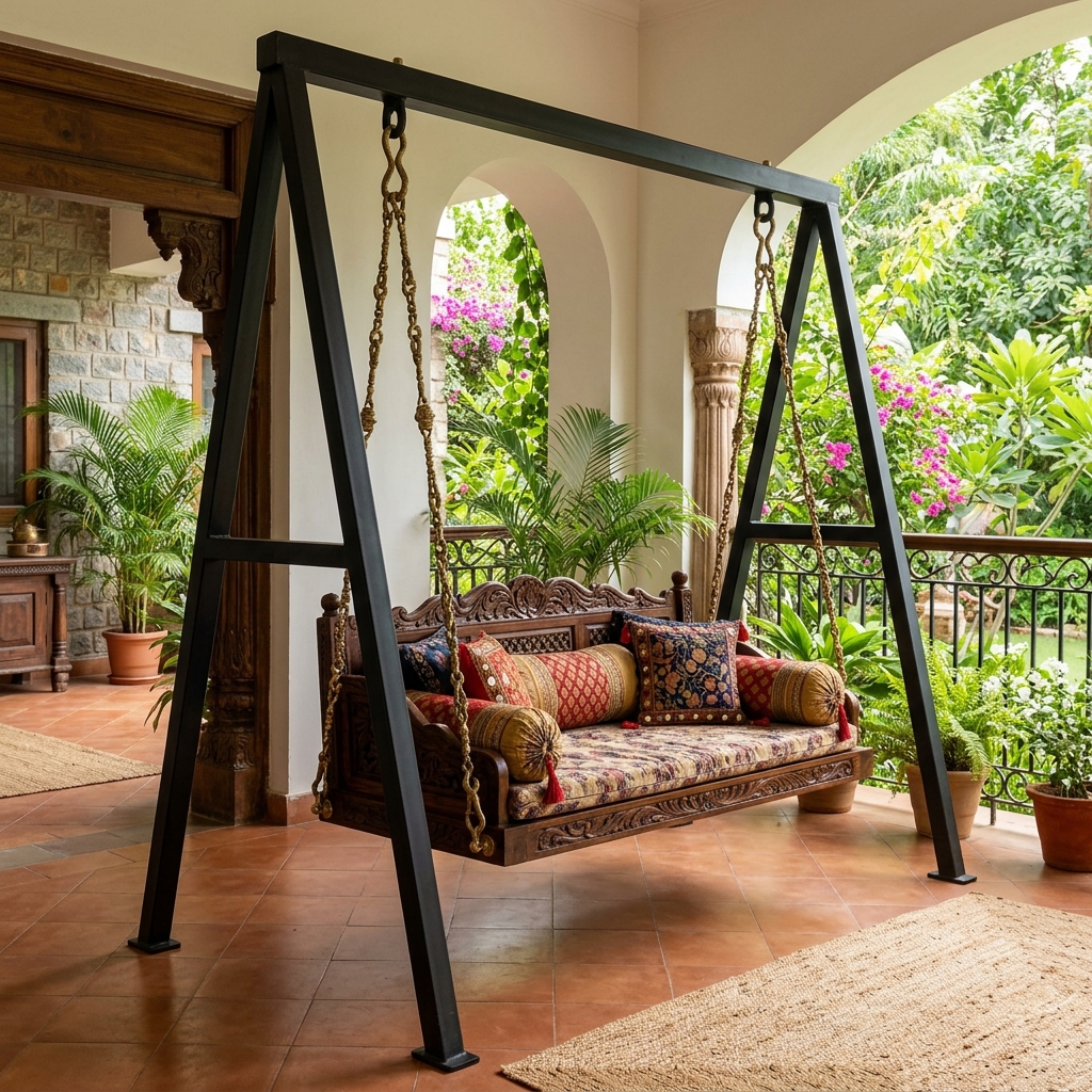Royal Steel & Sheesham Porch Swing (Jhula) with Brass Chains