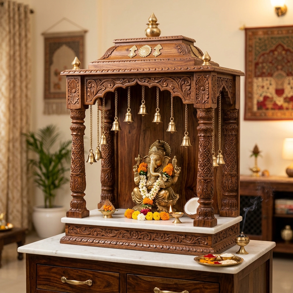 Sanctuary Compact White Marble & Sheesham Temple